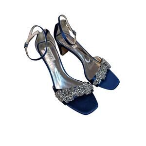 Badgley Mischka Rhinestone Navy Satin Block Heels Size 9.5
